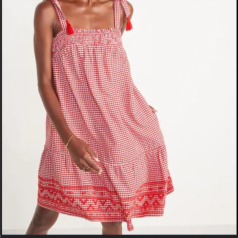 OLD NAVY Sleeveless Gingham Swing Mini Dress Women Size XL Tie Tassels Red White